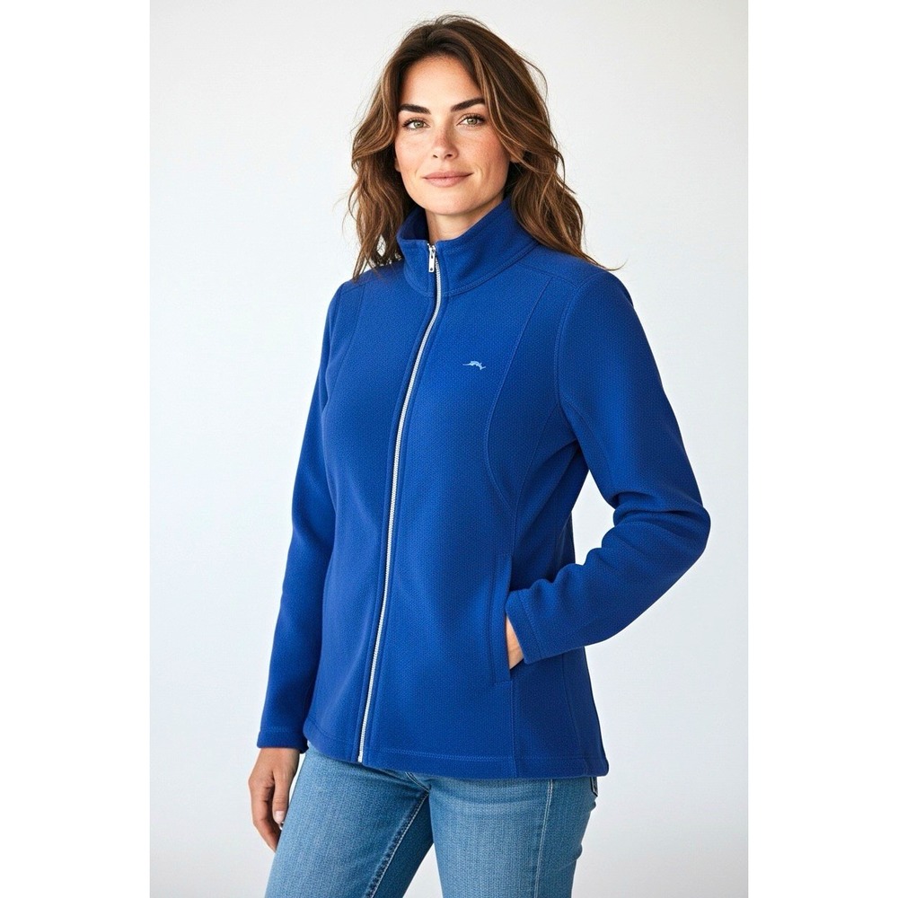 Tommy Bahama Womens M Blue Cotton Spandex Full Zip Mock Neck Jacket Pockets
